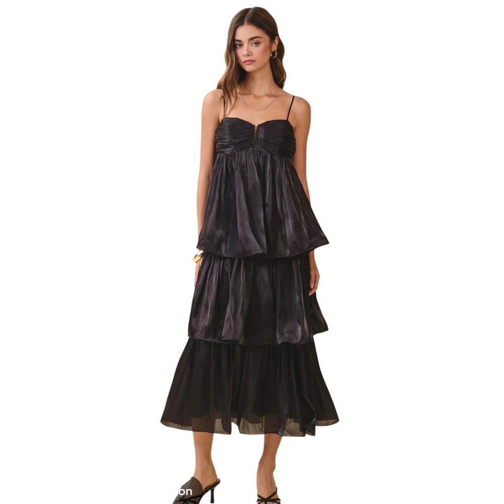 NWT TCEC Womens L Black Tiered Ruffle Midi Dress Altar'd State Party Wedding